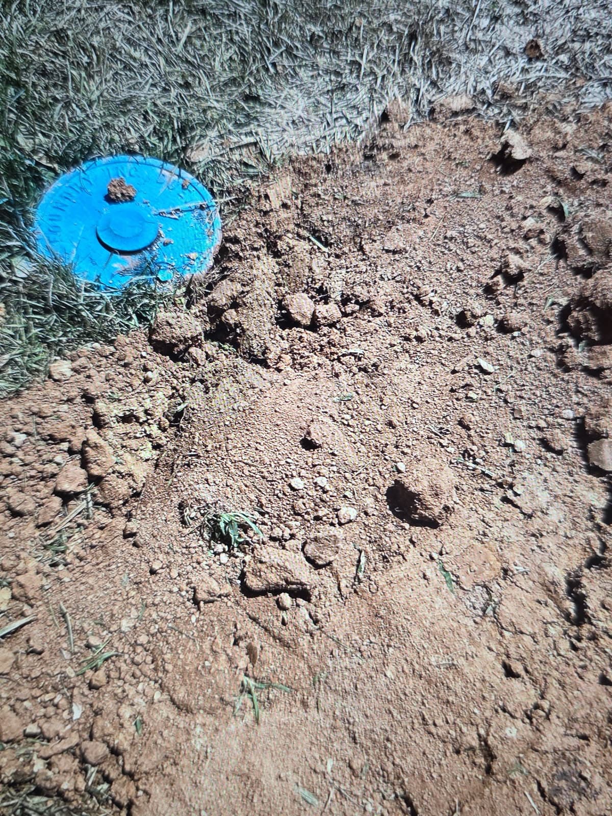 Plumbing leak repair in Evansville, IN — open water meter pit with the lid set in the grass